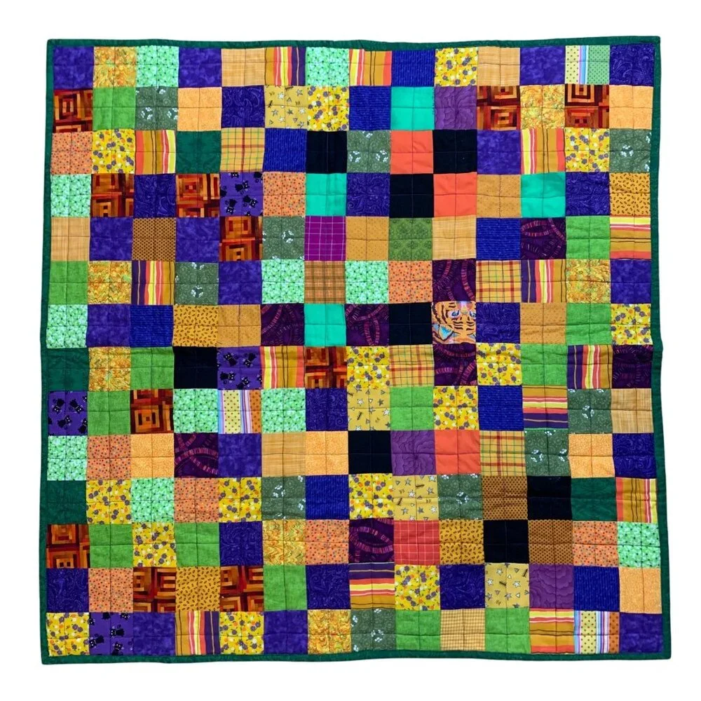 Handcrafted Patchwork Reversible Striped/Checkerboard Quilt Baby Blanket EUC